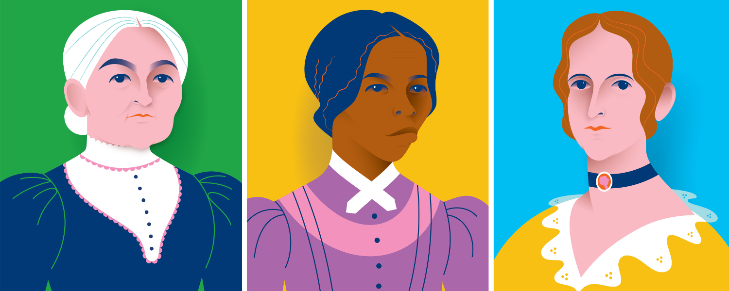 Colorful Illustration of three brave women in history-Frances Seward,Harriet Tubman and Emily Howland